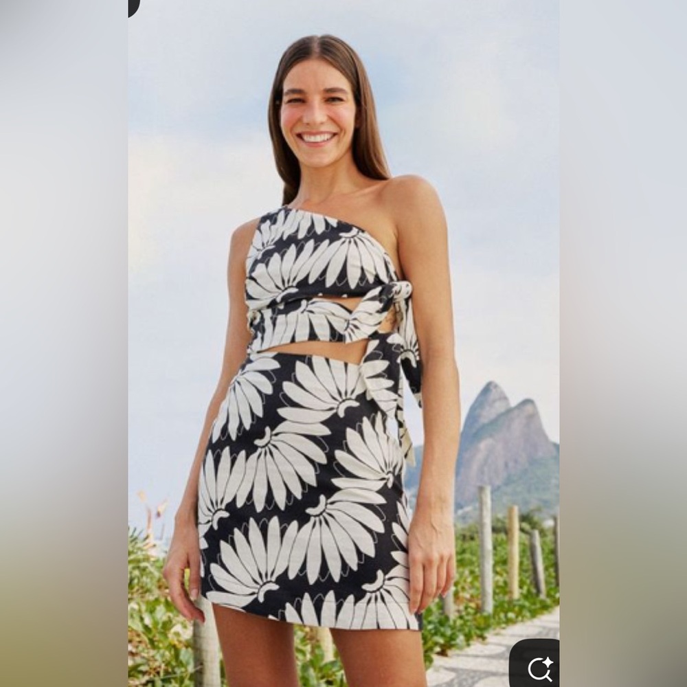Farm Rio Copacabana Black and White One-Shoulder Dress
